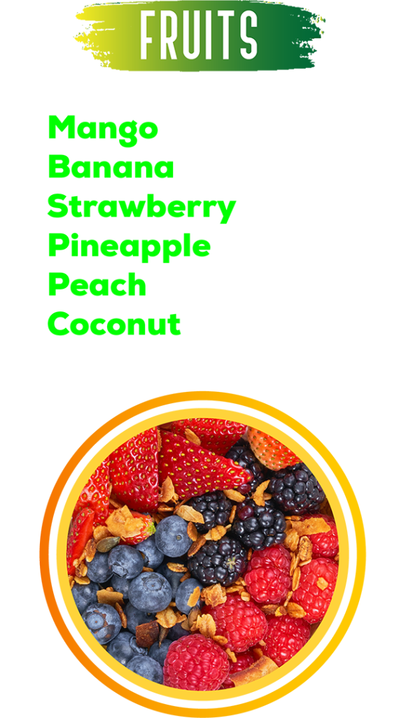 Menu sheet listing fresh fruit toppings
