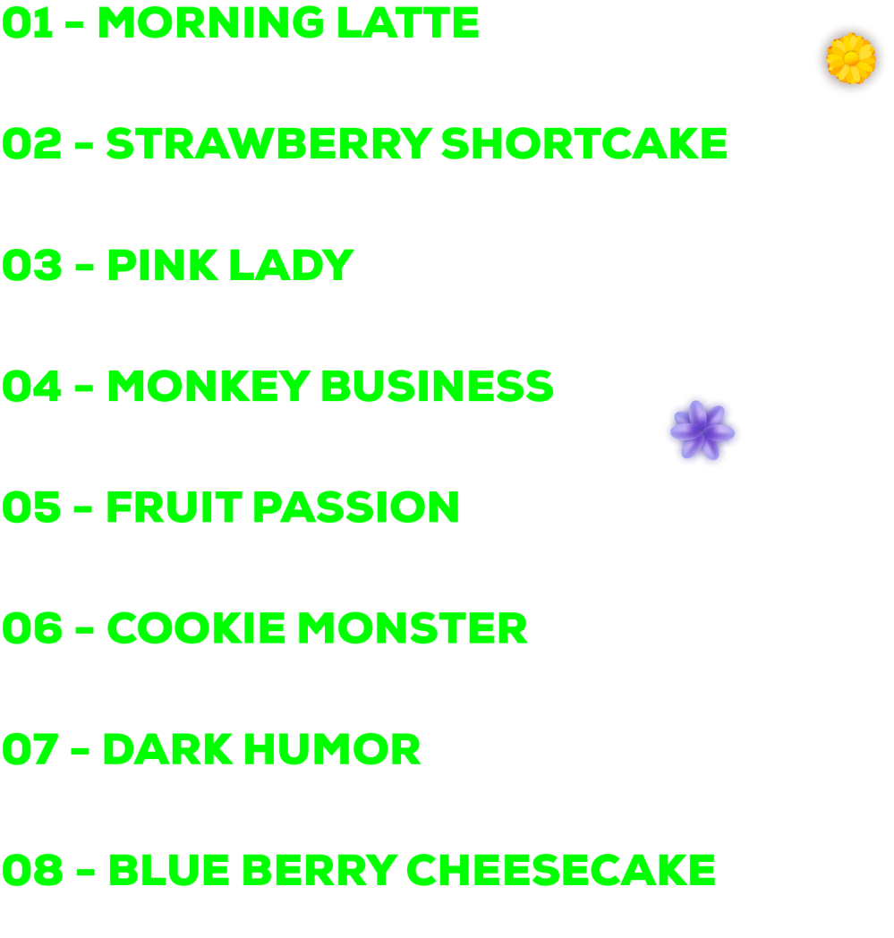 Menu sheet listing mix-in flavors 1 through 8