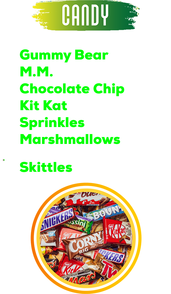 Menu sheet listing candy toppings