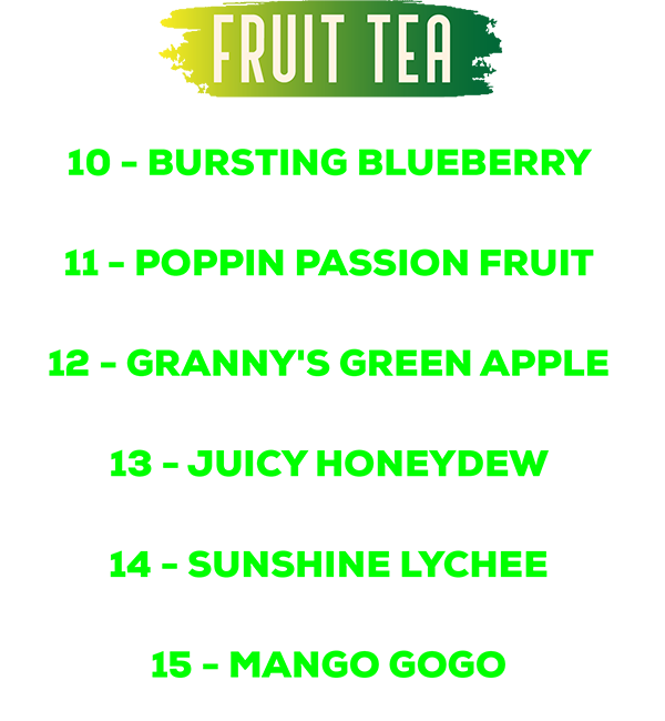 Menu sheet listing fruit tea flavors 10 through 15