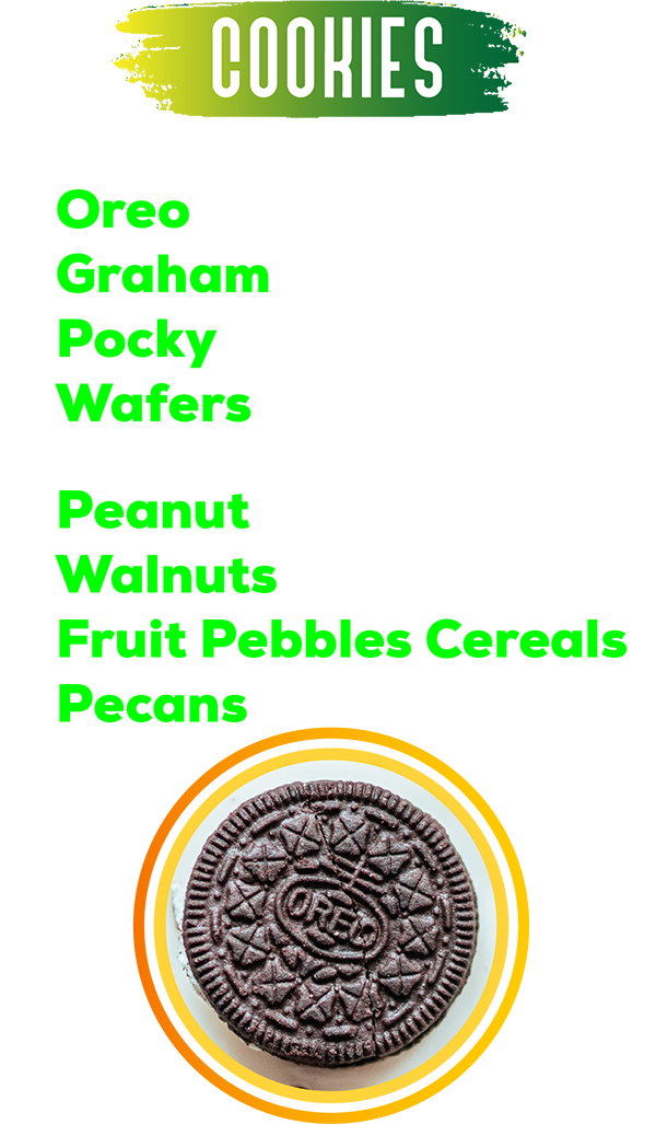 Menu sheet listing cookie and crunch toppings