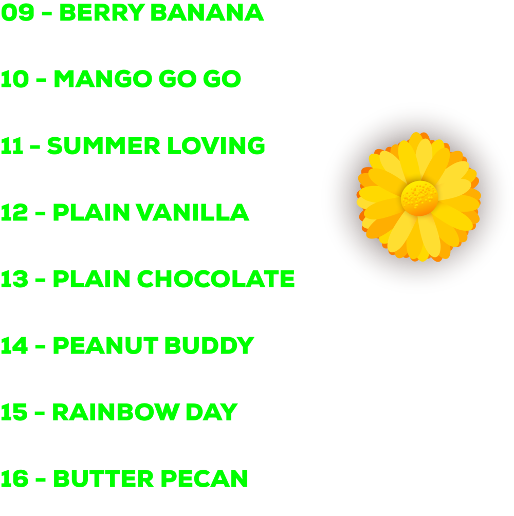 Menu sheet listing mix-in flavors 9 through 16
