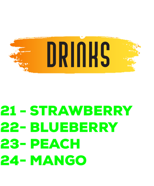 Menu sheet listing caffeine-free fruit drinks 21 through 24